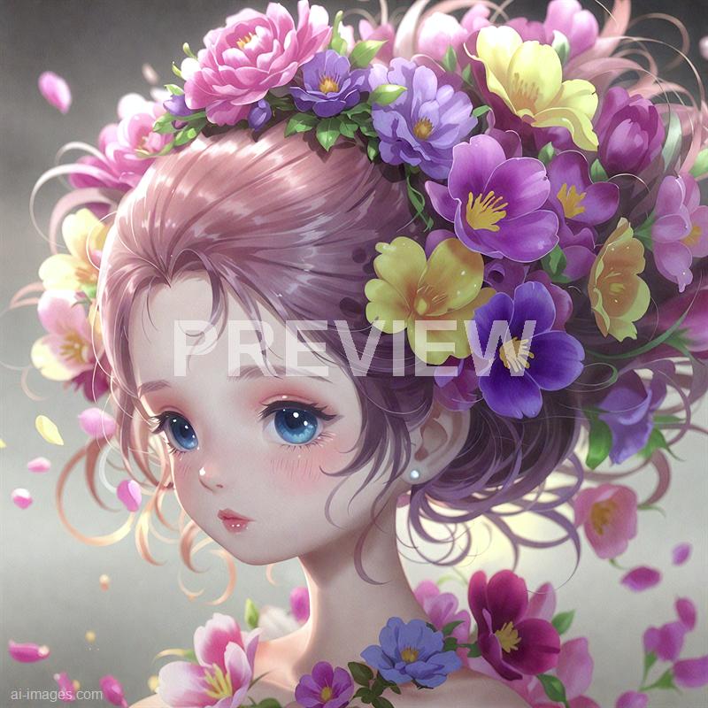 A digital illustration of a young girl with large, expressive blue eyes and light pink lips, winking gently. Her short, wavy hair is adorned with a vibrant crown of colorful flowers, including purple, yellow, and pink blossoms, which also surround her shoulders and appear to be floating around her. The background is soft and neutral, emphasizing the delicate and whimsical atmosphere of the artwork.